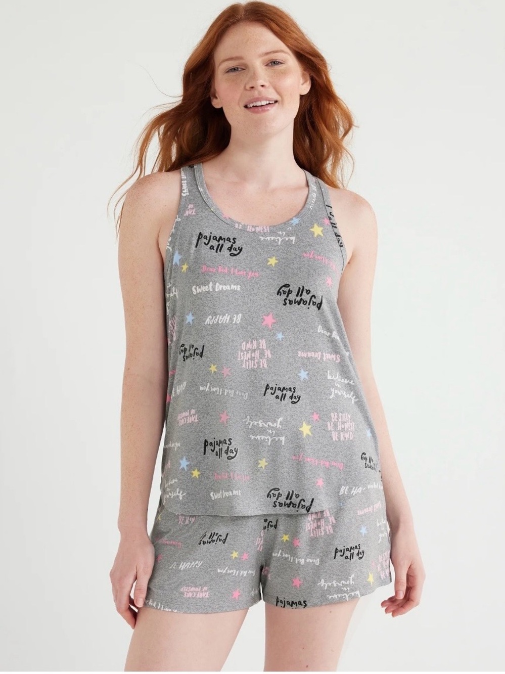 Joyspun Sleepwear Gray Print Tank & Shorts XL Whimsical Soft Girl Lazy Sunday